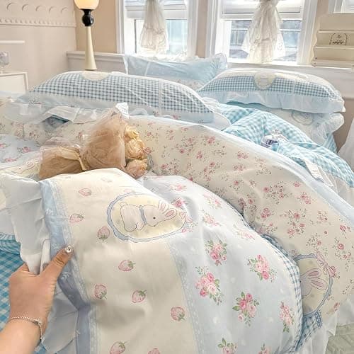 AMZTOP Cute White Ruffle Duvet Cover Set Queen Size Reversible Blue Floral Plaid Comforter Cover with 2 Pillowcases 100% Cotton Romantic Kawaii Bedding Set with Zipper Closure, Queen 90 * 90” thumbnail 3