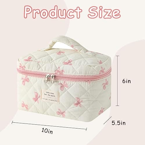 RSRSLEII Large Quilted Makeup Bag for Women and Girls, Cute Coquette Floral Cotton Cosmetic Bag, Aesthetic Travel Organized Toiletry Bags (07White Pink Bows) thumbnail 2