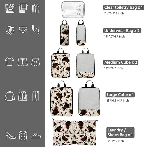 7 Pcs Compression Packing Cubes for Travel, Waterproof Suitcase Luggage Backpack Organizer with Toiletry Bag Travel Essentials for Women/Men-Cow Print thumbnail 3