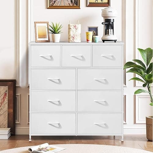 9-Drawer Dresser for Bedroom, Anti-Tip Tall Storage Organizer Chest of Drawers with Wooden Top and Metal Frame Fabric Bins for Closet, Living Room, Hallway, Entryway, White thumbnail 2