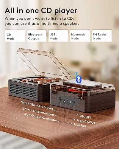 CARONSORT CD Player with Speakers Bluetooth Nostalgic Retro Portable CD Players for Home Wood Music Player FM Radio for HomeWired and Remote Control-Walnut Brown thumbnail 4