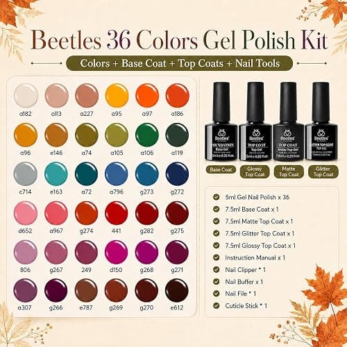 Beetles Fall Gel Polish Set, Waltz of Leaves Collection, 36 Autumn Colors | Purple Green Colors Gel Polish Set With Base and Glossy Matte Glitter Top Coat Soak Off UV Led Gifts for Women thumbnail 3