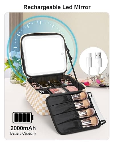 Relavel Travel Makeup Bag With LED Mirror, Cosmetic Train Case with Light up Mirror, Portable Makeup Artist Organizer Bag with Adjustable Dividers, Makeup Brush Holder Storage, Plaid - 01-Plaid - 1-Small thumbnail 6
