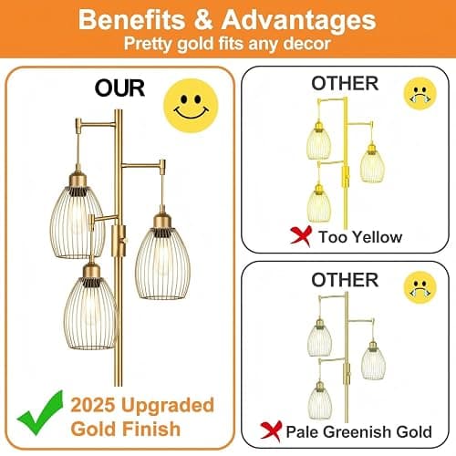 Torondo Dimmable Floor Lamp, Industrial Floor Lamps for Living Room, Gold Tree Lamp Standing Lamp Tall Lamps with 3 Elegant Teardrop Cage Head & 800 Lumens LED Bulbs for Living Room Bedroom Office thumbnail 3