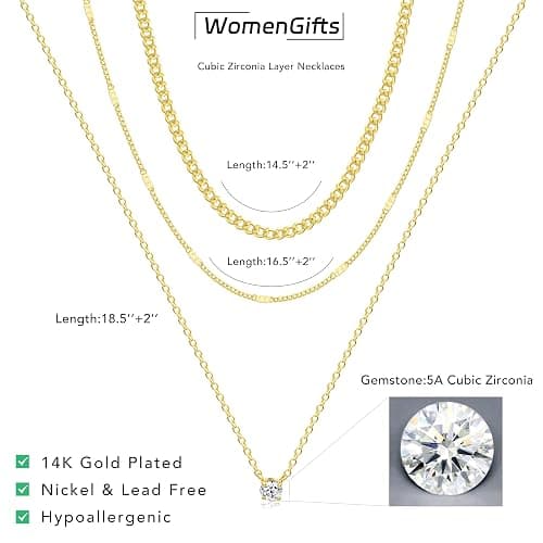 WomenGifts Layered Gold Necklaces for Women, 14K Gold Silver Plated Dainty Pendant Necklace Set with Cubic Zirconia Circle, Chunky Stackable Cuban Chain Choker, Trendy Waterproof Jewelry Gift thumbnail 5