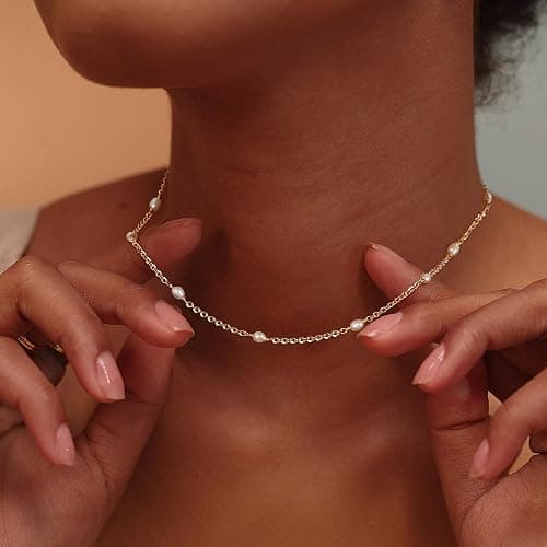 Fettero Choker Necklace for Women 14K Gold Plated Dainty Gold Choker Necklace Simple Paperclip Thin Chain Pearl Necklaces for Women Stack Jewelry Gift thumbnail 3