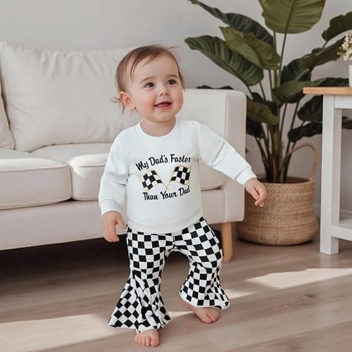 DSOKUHIB Toddler Baby Girl Race Car Outfit Letters Long Sleeve Sweatshirt Checkered Bell Bottom Pants Set Fall Winter Clothes thumbnail 2