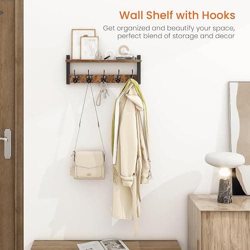 Homode Wall Hooks with Shelf, Wood Coat Rack with Shelf Wall-Mounted, Entryway Hanging Shelves with 5 Metal Hooks for Clothes Hats Towel Purse Robes, Bathroom Mudroom Bedroom, Rustic Brown Black thumbnail 4