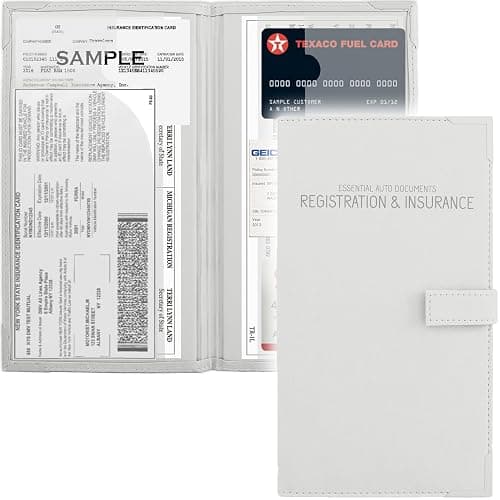 Auto Insurance and Registration Card Holder - Vehicle Glove Box Document Organizer - Car Essential Paperwork Holder for DMV, AAA, Contact Information Cards - Premium PU Leather Wallet Case - White - Image 1