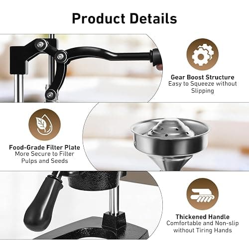 Yigowyigo Manual Juicer Hand Press, Cast Iron Manual Citrus Juice Press, Professional Easy to Clean Citrus Squeezer for Lemons, Oranges, Pomegranates, Grapefruits and Other Fruits (Black) thumbnail 8