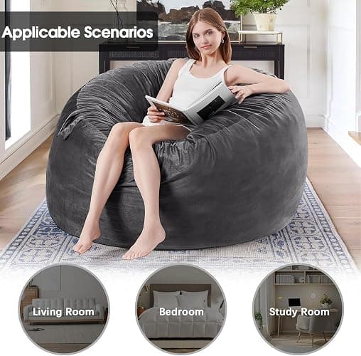 Bean Bag Chairs for Adults - Memory Foam Furniture BeanBag Chair - Kids/Teens Sofa with Soft Micro Fiber Cover - Round Fluffy Couch for Living Room Bedroom College Dorm,Medium,Gary thumbnail 4