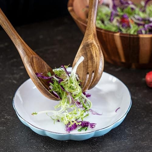 JF JAMES.F Wooden Salad Bowl, 12'' Acacia Wood Large Salad Bowl Set Big Salad Serving Bowl with Serving Utensils thumbnail 6