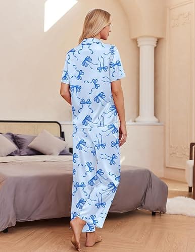 Ekouaer Silk Pajamas for Womens Set 2 Piece Fall Pjs with Pockets | Satin Short Sleeve Sleepwear, Soft Button Down Tops/ Wide Leg Pants for Lounging, Date Nights, Honeymoon, Bridal Wedding Day thumbnail 5