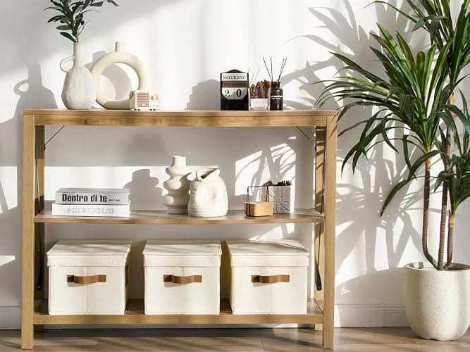 StorageWorks Large Storage Bins with Lids, Decorative Storage Boxes with Lid and PU Handles, Foldable Storage Baskets for Closet, Shelves, Stackable, Ivory, 3-Pack thumbnail 2