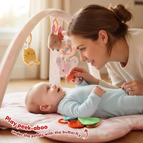 Baby Play Gym & Activity Mat with Light-up Musical Arch, Washable Tummy Time Mat with 6 Detachable Sensory Toys for Motor Skills, Baby Essentials Shower Gift - Updated Spring Blossoms Themed thumbnail 2