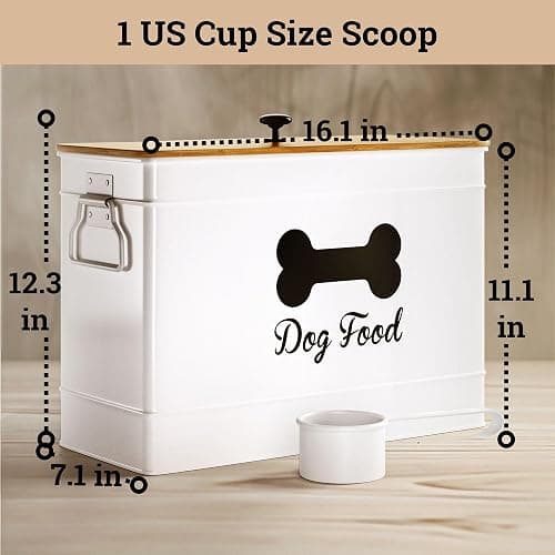 Dog Food Container Airtight 15 lb (50 Cup) Capacity with Metal Scoop - Cute Airtight Dog Food Storage Container with Bamboo Lid - White Metal Kibble Storage Bin for Dogs up to 100 lbs - Big Pet Jar - White thumbnail 3