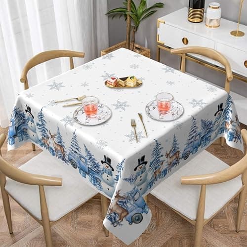 Sphragiyn Winter Tablecloth Square 54×54 Inch Blue Snowman Trees Holiday Xmas Table Cloth Water Resistant Fabric Table Covers for Kitchen Dining Party Home Decor - Image 1