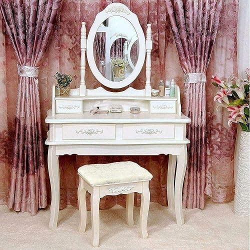 White Vanity Jewelry Makeup Dressing Table Set W/Stool 4 Drawer Mirror Wood Desk - Image 1