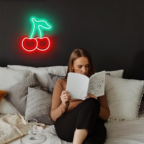 Cherry Neon Sign Red Green Cherries Neon Lights 7.5 * 8.9IN Cherry Neon Signs for Wall Decor, Cute Fruits LED Signs for Kids Room Restaurant Bar Fruit Shop Home thumbnail 4