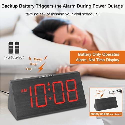 DreamSky Wooden Digital Alarm Clocks for Bedrooms - Electric Desk Clock with Large Red Numbers, USB Port, Battery Backup Alarm, Adjustable Volume, Wood Décor, Dimmer, Snooze, DST (Adapter Powered) thumbnail 4