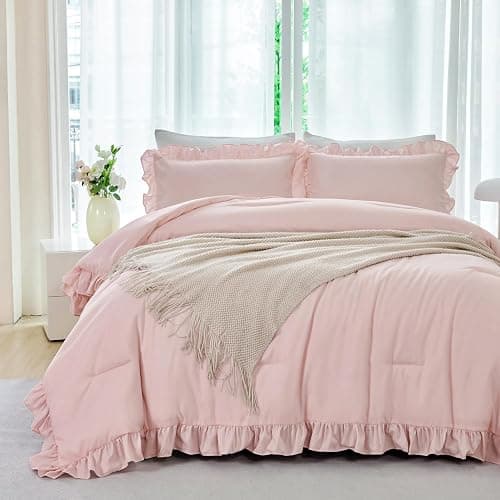 ANGIYUIN Blush Pink Comforter Sets Twin Size 5 Pieces Ruffle Bed in A Bag Farmhouse Bedding Sets Solid Color Soft Fluffy Bed Sets for Kids Girls（Blush Pink Twin） thumbnail 2