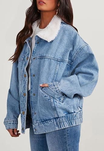 chouyatou Women's Warm Sherpa Collar Denim Jacket Faux Fur Collar Denim Coat Trucker Jacket thumbnail 2