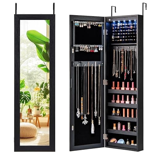 Giantex Wall or Door Mounted Jewelry Cabinet with Full Length Mirror, Over The Door Jewelry Armoire Organizer with Lights, Large Storage with Necklace Hooks, Earring Slots & Shelves (Black) - Image 1