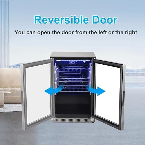 Weili 20 Inch Built in Beverage Fridge with Glass Door, 120 Can Under Counter Soda Beer Drink Refrigerator with Blue LED Light for Home Office or Bar, 36-50°F Auto Defrost thumbnail 6