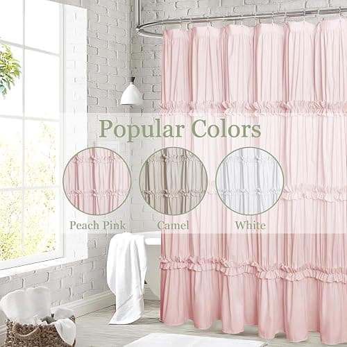 Farmhouse Ruffle Shower Curtain with Handmade Ruched, Vintage Ruffled Fabric Bathroom Curtains, Decorative Elegant Bathroom Curtain with 12 Holes, Peach Pink, 72" W x 72" H(N60049) thumbnail 4