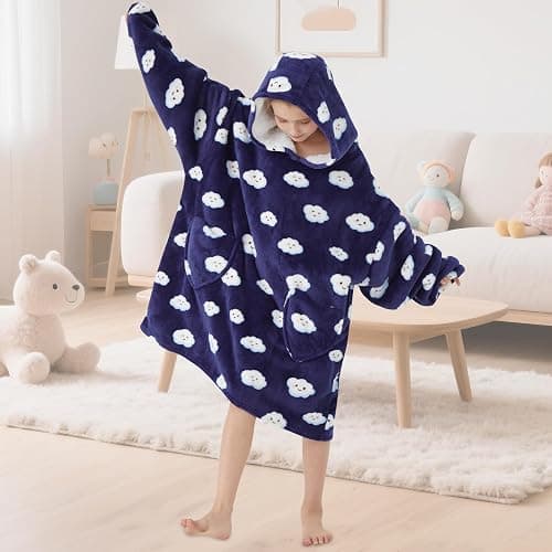 Mewkou Wearable Blanket Hoodie for Kids Oversized Sherpa Blanket Hoodie for Kids Boys Girls Teens 6-13YR,Navy Blue Cloud thumbnail 2