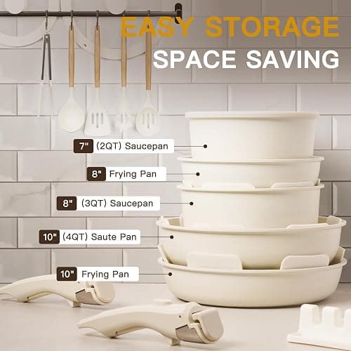 Astercook Ceramic Non-stick Cookware 21 Pcs Pots and Pans Set, Detachable Handle, RV Kitchen Non Stick Cooking Set Removable Handles, Oven Safe, Induction Ready, Stackable, Cream White thumbnail 9
