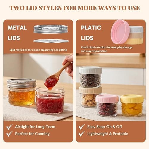 CycleMore 4oz Sunflower Glass Jars 12-Pack with 2 Types of Airtight Lids | Canning Jars With 12 Metal Split + 12 Colorful Plastic Lids. For Jams, Wedding Favors, DIY gifts. Dishwasher Safe BPA-Free thumbnail 6
