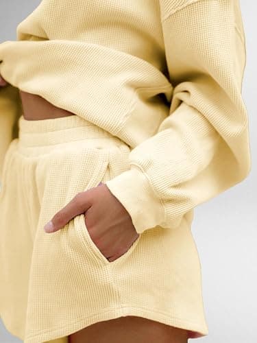 AnotherChill Women's Oversized Waffle Knit Lounge Set Long Sleeve Sweatshirt and High Waisted Shorts 2 Piece Casual Outfit thumbnail 5