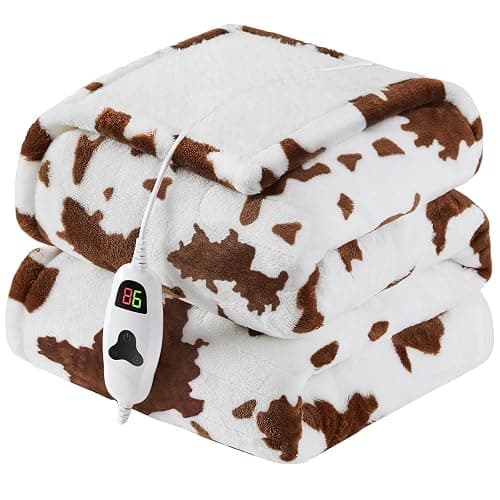 RUJIPO Cow Print Heated Electric Blanket Twin Size,62X84 Brown Heating Blanket with 10 Heats Levels & 8 Hours Auto Off,Highland Cow Fleece Sherpa Blankets Warmer Gifts for Women Adults Couch,Washable - Image 1