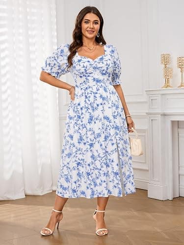 SCOMCHIC Plus Size Summer Dresses for Women Boho Floral Puff Sleeve Sweetheart Neck Ruched Bust Flowy A-Line Sun Midi Dress thumbnail 3