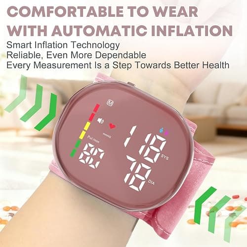 GUAEVER Wrist Blood Pressure Monitor, Rechargeable, Large LED Display, Pink | Clinically Accurate, One-Button Operation, Voice Guidance, Adjustable 5.3"-7.7" Wrist Cuff, 2×120 Memory, Easy for Seniors thumbnail 5