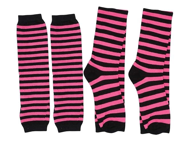 Bienvenu Womens Socks Striped Knee High Socks Arm Warmer Fingerless Gloves Set - Fuchsia thumbnail 5