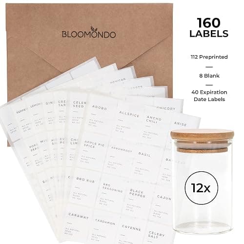 Bloomondo Empty Spice Jars with Label Pack (12x Bamboo Lid Glass Jar). Small 6oz Spice Storage Bottles with 112 Printed Stickers and 48 Writable Pantry Labels for Seasoning Containers thumbnail 3
