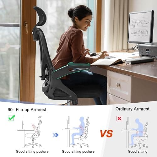 Office Chair - Ergonomic Desk Chair with Lumbar Support Headrest Adjustable, Padded Flip-up Armrests Comfy Seat Cushion High Back Executive Manager Chair For Home Office thumbnail 5