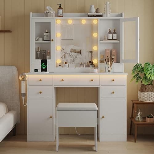 Makeup Vanity Desk with Mirror and Lights, White Vanity Table Set with Storage Drawers, Charging Station, Cabinets & Chair, Large Dressing Table with RGB Ambient Light for Women Girls Bedroom Bathroom thumbnail 9