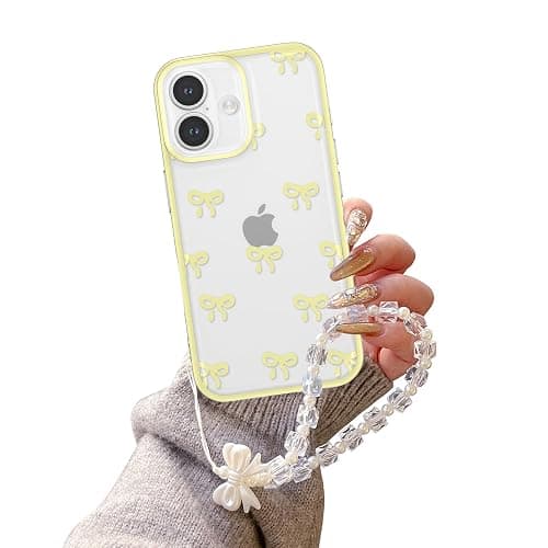 EYZUTAK Case for iPhone 16, Clear Cute Ribbon Bowknot Aesthetic Phone Case with Charm Bracelet Chain Raised Camera Protection Stylish Soft Durable TPU Protective Cover for Women Girls - Yellow - Image 1