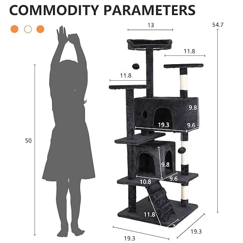 BestPet | 54" Cat Tree Tower | Dark Gray | Sturdy, Easy to Assemble, Multi-Level Activity Center with Sisal Scratching Posts, Condos, Perches, Hanging Cat Toys, Observation Decks & Ladder thumbnail 7