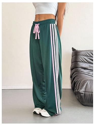 BEAUDRM Women's Baggy Sweatpants Y2k Striped Drawstring Waist Wide Leg Stacked Workout Track Pants Streetwear thumbnail 2