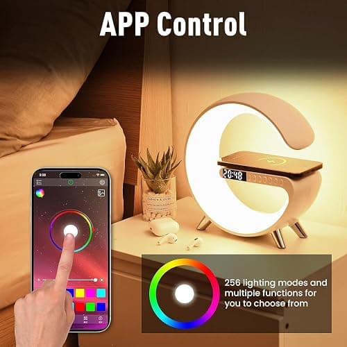Smart LED Table Lamp, 4-in-1 Wireless Charger, Night Light, Alarm Clock, Bluetooth Speaker with App Control, Bedside Lamp with Charging Station for Bedroom, Office, Home Decor, Teen Girls Boys Gifts thumbnail 6