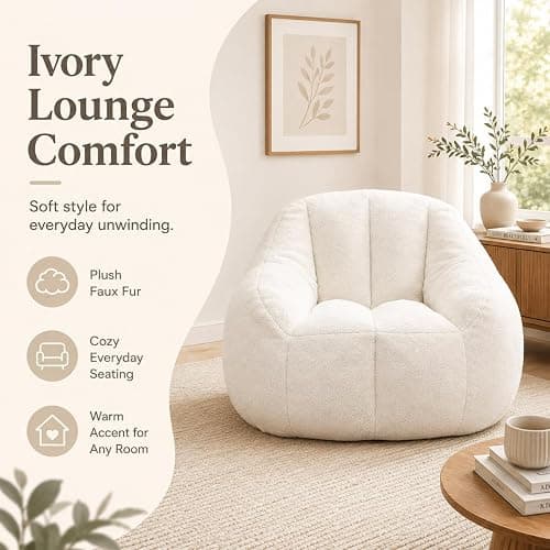 Elyveont White Bean Bag Chair for Kids & Teens & Adults, Medium Bean Bag Chairs with Soft Stuffed Filling, Comfy Beanbag Sofa Fluffy Floor Lounge Chair in a Box for Reading & Relaxing thumbnail 6
