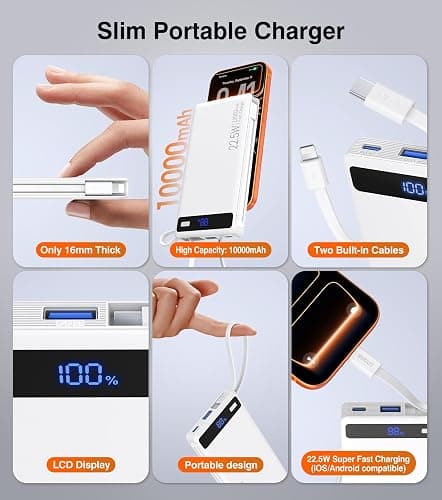 Power Bank with 2 Built-in Cables 10000mAh, 22.5W PD Slim Portable Charger USB C Battery Pack, Travel Essentials Fast Charging Powerbank Compatible with iPhone 17 16 Plus Pro Galaxy iPad White(1 Pack) thumbnail 6