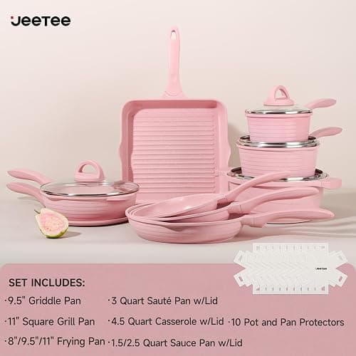 JEETEE Pink Pots and Pans Set Nonstick 23pcs, Healthy Kitchen Cookware Sets, Induction Cooking Set Pink Frying Pans, Saucepans, Sauté & Griddle & Crepe Pan (PFOA Free) thumbnail 3