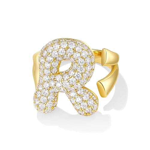 KissYan Bubble Initial Ring for Women, 14k Gold Plate Balloon Jumbo Letter Rings Open Adjustable Dainty Pave CZ Personalized Fashion Trendy Statement Jewelry Gift - Image 1
