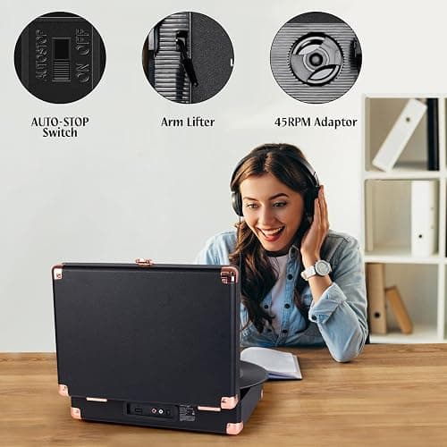Retrolife® Record Player,3-Speed Bluetooth Suitcase Vinyl Player-Black | Built-in Stereo Speakers, Portable Turntable Plays 7/10/12" Records, 33/45/78 RPM, Bluetooth Streaming, RCA/Headphone Jack thumbnail 3
