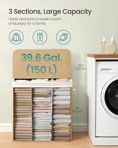 SONGMICS Laundry Basket with Lid, 150 L Bamboo, 3 Compartments | Laundry Hamper, Foldable, Removable and Machine Washable Liner Bag, for Laundry Room, Natural, RONEX Collection LCB091N01 thumbnail 5